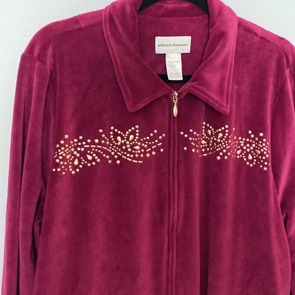 Alfred Dunner Berry Velour Jacket Zip Front Gold Detail Pockets Size Large - Picture 3 of 9